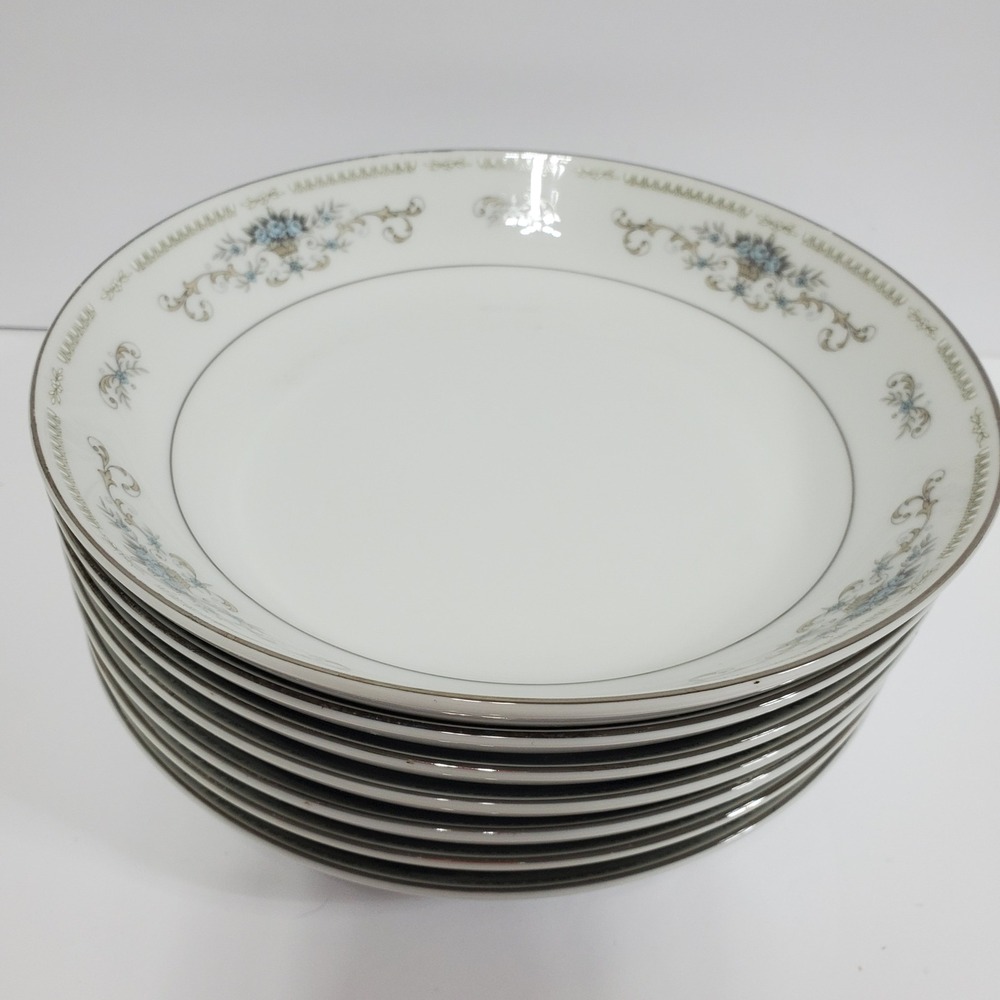Diane Fine Porcelain China Soup Bowls White Floral 7pc Set 7.5" Platinum Trim